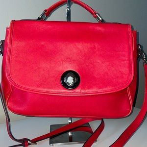 Large Red Leather turn lock two way satchel